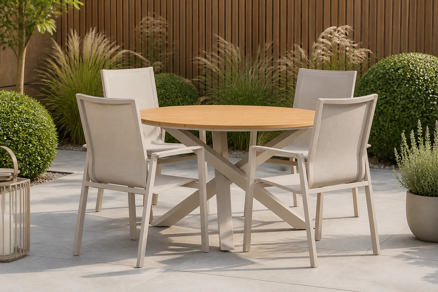 Sfeerfoto van Lifestyle Garden Furniture Ultimate/Ancona 125 cm dining tuinset 5-delig – Zand/Beige