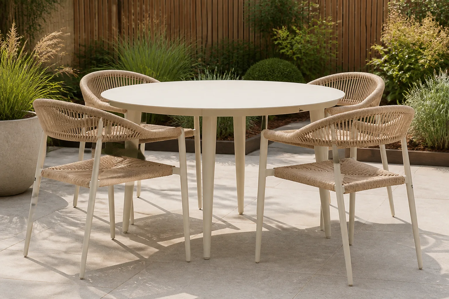 Sfeerfoto van De Laan Projects Lifestyle Granada/Vienna 120 cm dining tuinset 5-delig – Taupe-naturel-bruin