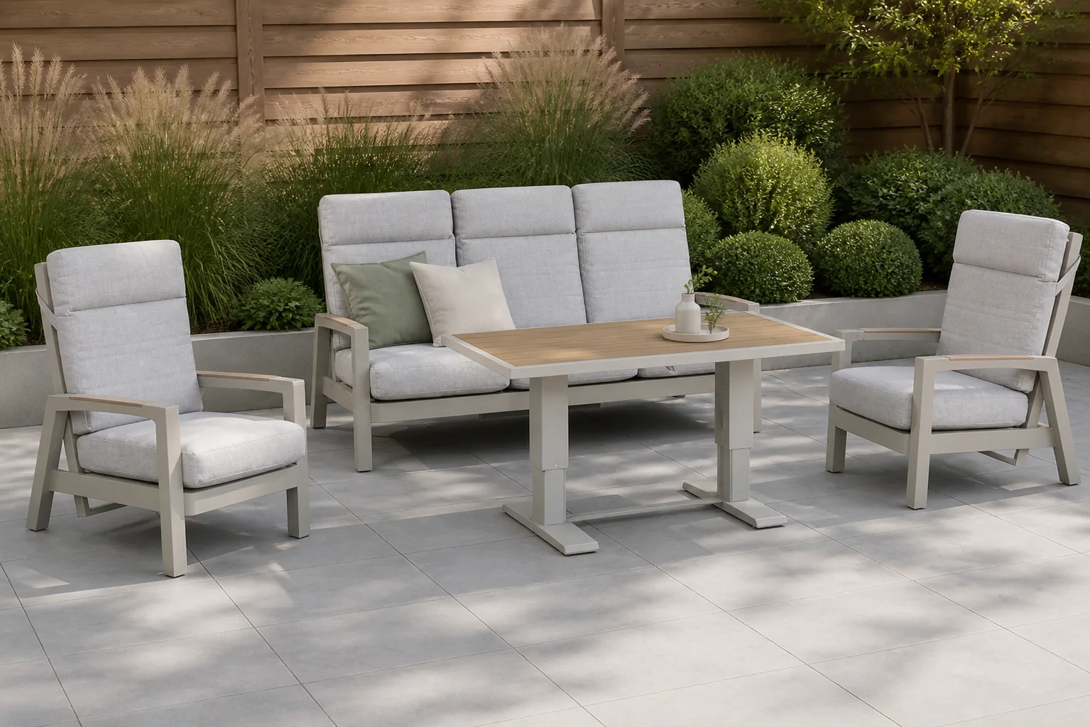 Sfeerfoto van Lifestyle Garden Furniture Evora stoel-bank loungeset 4-delig – Taupe-naturel-bruin