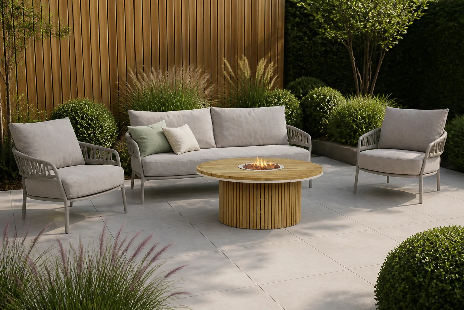 Sfeerfoto van 4 Seasons Outdoor Calma/Fire Nest 110 cm stoel-bank loungeset 4-delig – Taupe-naturel-bruin