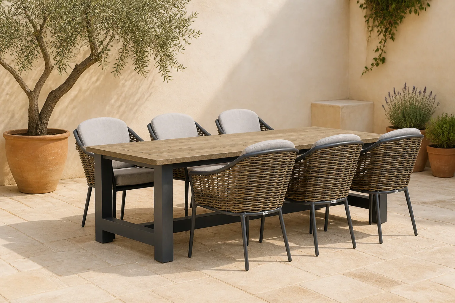 Sfeerfoto van Coco Olivine/San Francisco 260 cm dining tuinset 7-delig – Grijs-antraciet
