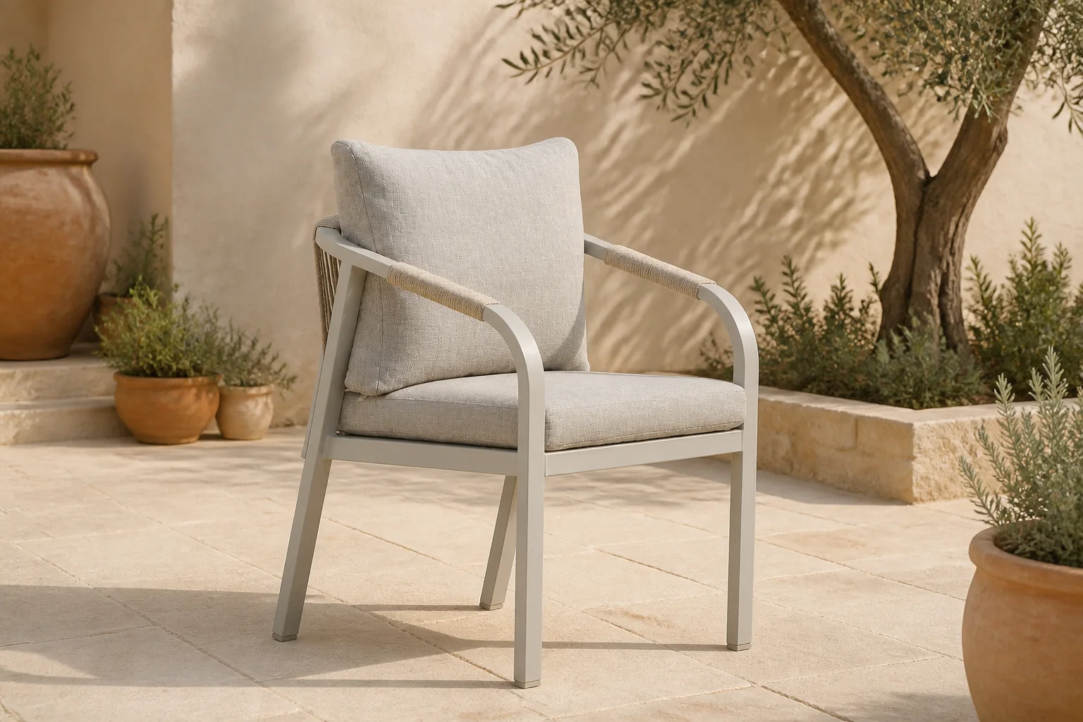 Sfeerfoto van LUX outdoor living Calgary tuinstoel beige | touw + aluminium | beige
