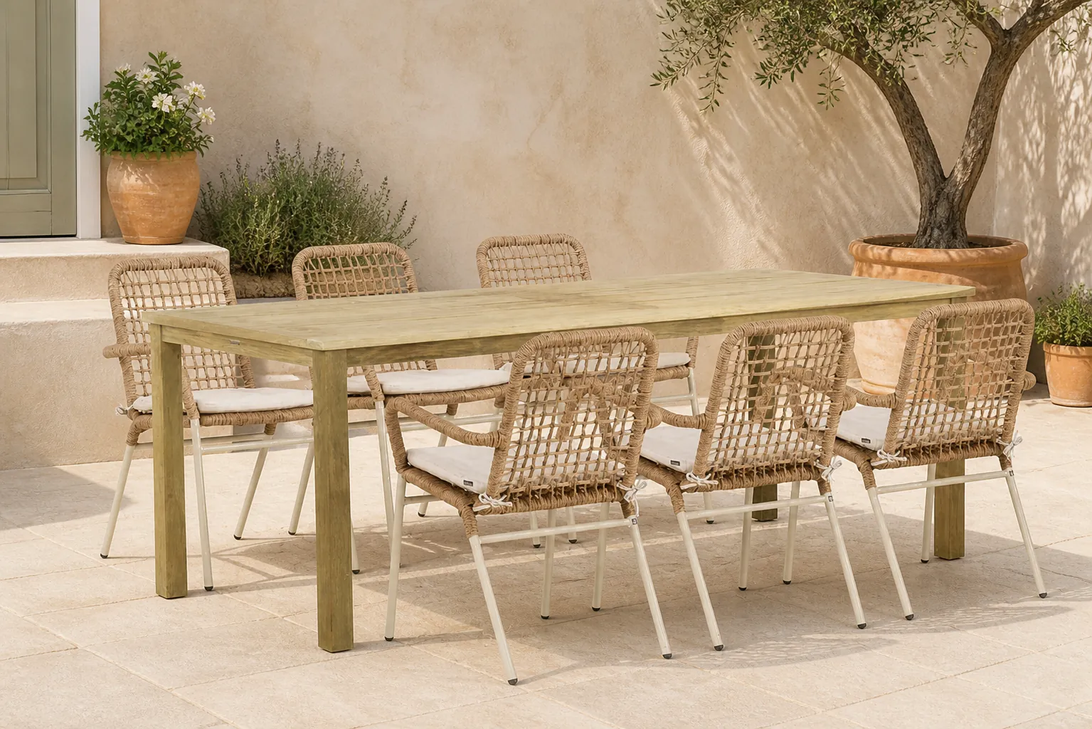 Sfeerfoto van De Laan Projects Laan Catalone/Weston 210 cm dining tuinset 7-delig – Taupe-naturel-bruin