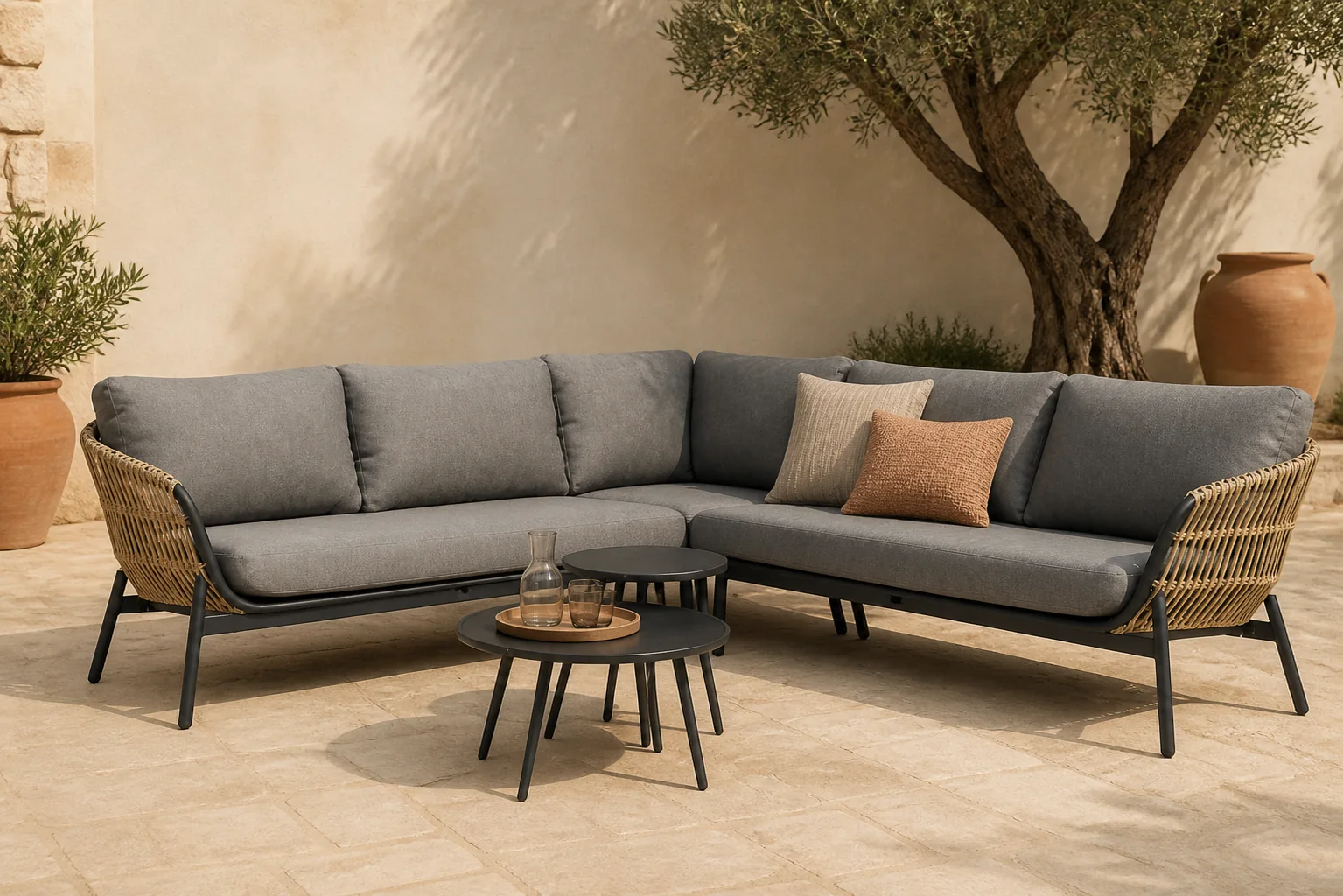 Sfeerfoto van Coco Nathan/Enchante 60-40 cm hoek loungeset 5-delig – Taupe-naturel-bruin
