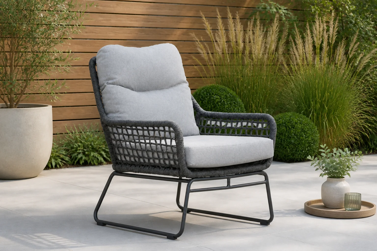 Sfeerfoto van BUITEN living Valencia loungestoel | touw + aluminium | Stone Grey
