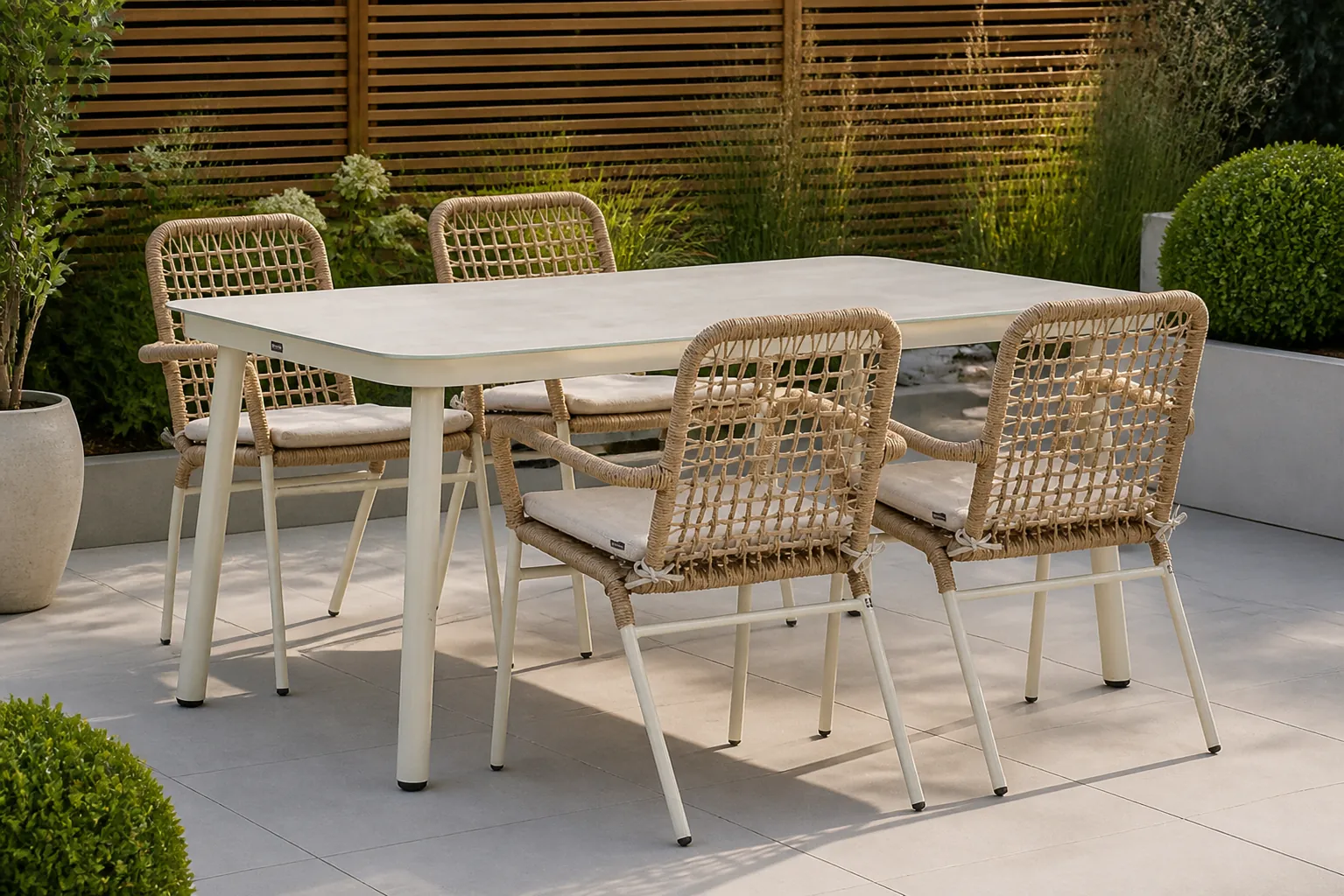 Sfeerfoto van De Laan Projects Lifestyle Catalone/Tavano 160 cm dining tuinset 5-delig – Taupe-naturel-bruin