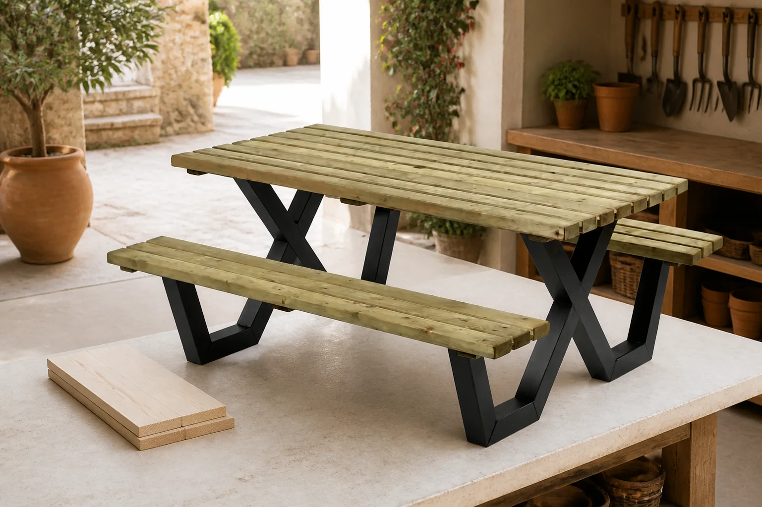 Sfeerfoto van Talen buitenmeubelen Picknicktafel geimpregneerd metalen frame 200×160 cm