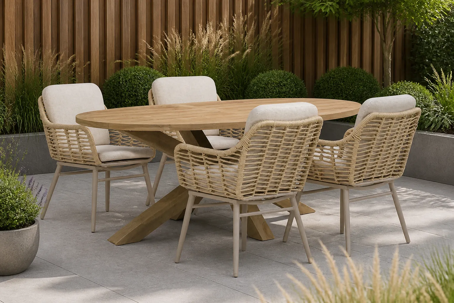 Sfeerfoto van Coco Antoni/Boston 200 cm dining tuinset 5-delig – Taupe-naturel-bruin