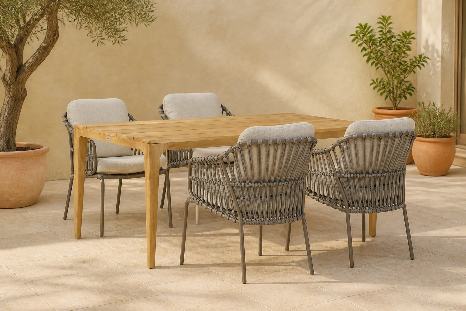 Sfeerfoto van 4 Seasons Outdoor Capalbio/Sentis 180 cm dining tuinset 5-delig – Taupe-naturel-bruin