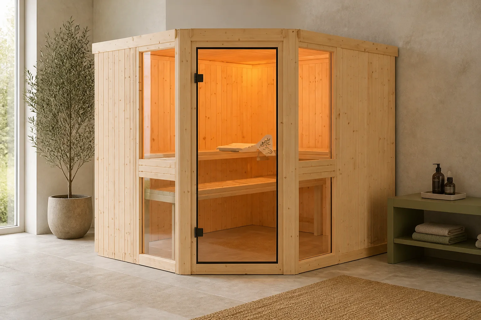 Sfeerfoto van Karibu | Amelia 3 Sauna | Helderglas Deur | Kachel 9 kW Geïntegreerde Bediening