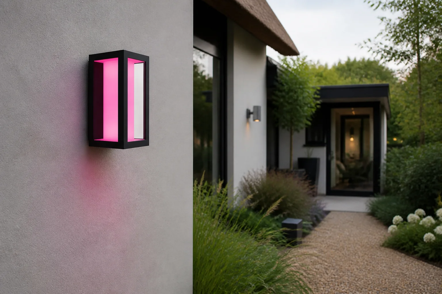 Sfeerfoto van Philips Hue wandlamp buiten Impress wit en gekleurd licht – Zwart