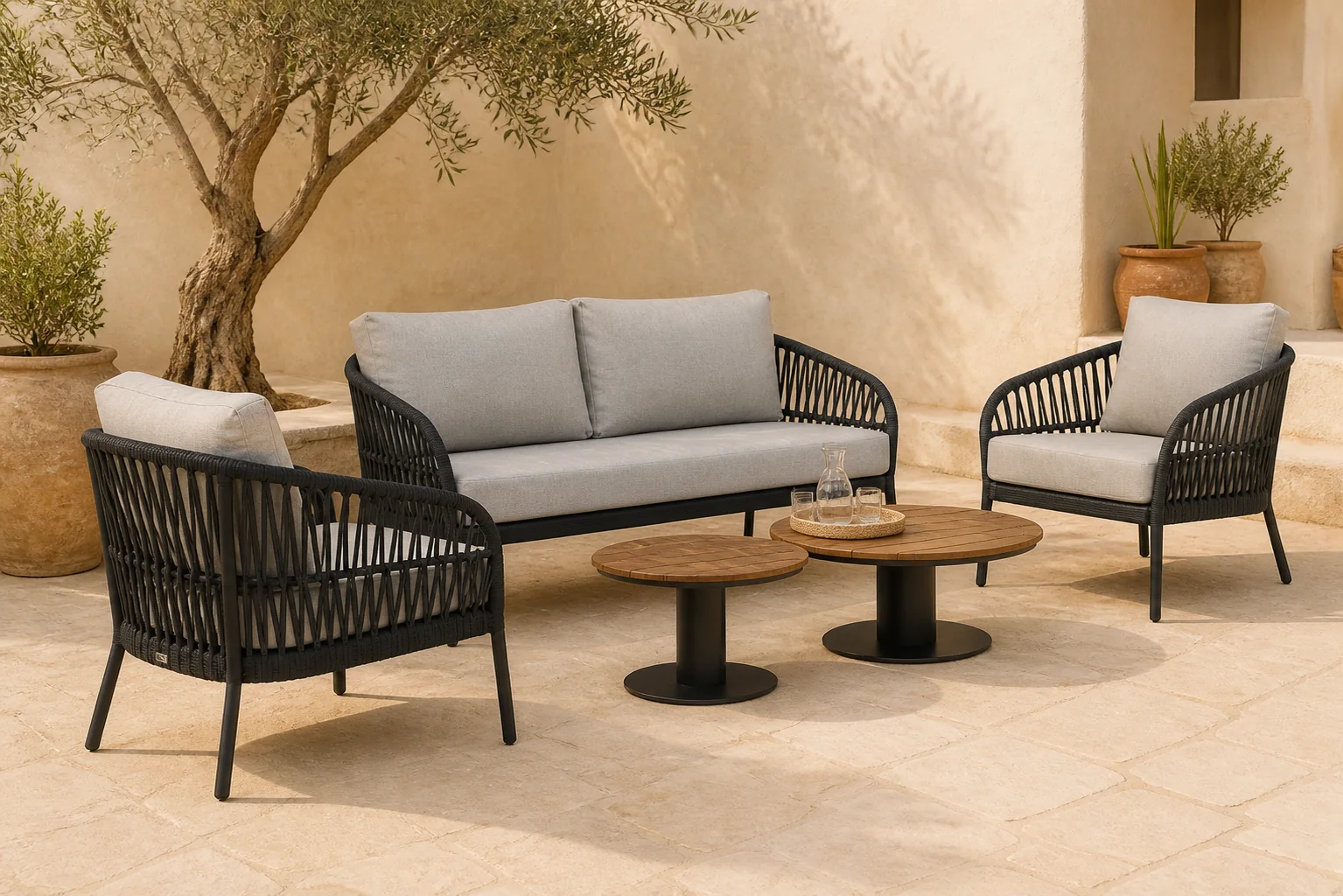 Sfeerfoto van Coco Puerto/Salerno 45/60 cm stoel-bank loungeset 5-delig – Grijs-antraciet