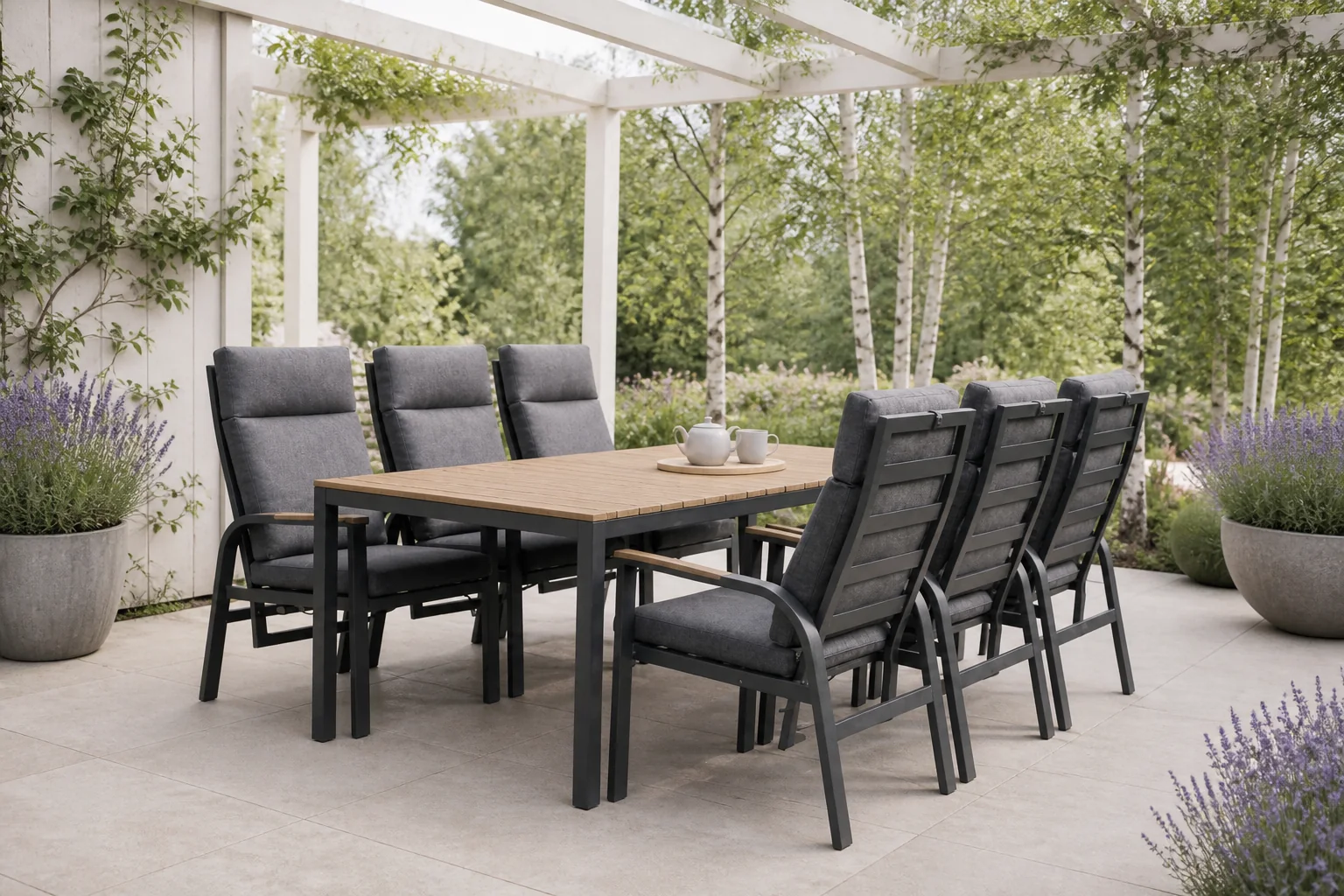 Sfeerfoto van LUX outdoor living Delta/Annecy antraciet dining tuinset | 6 personen | teakhout + aluminium | 220cm