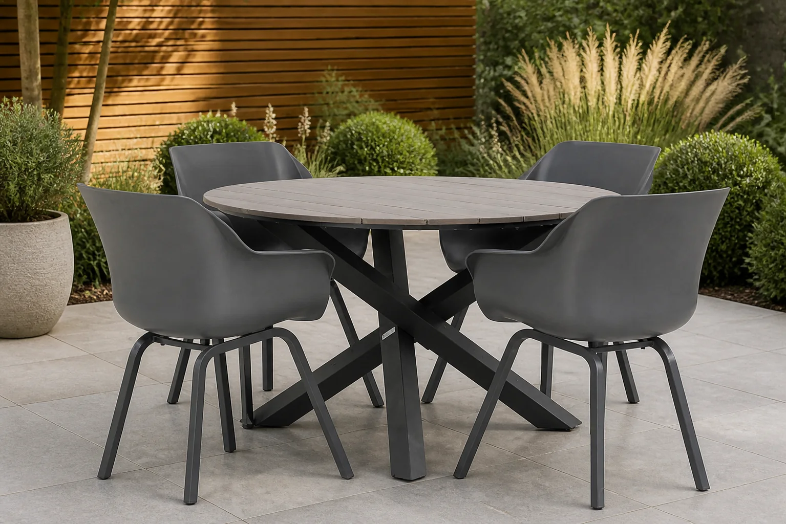 Sfeerfoto van Hartman Sophie element/Ancona 125 cm rond dining tuinset 5-delig – Grijs-antraciet