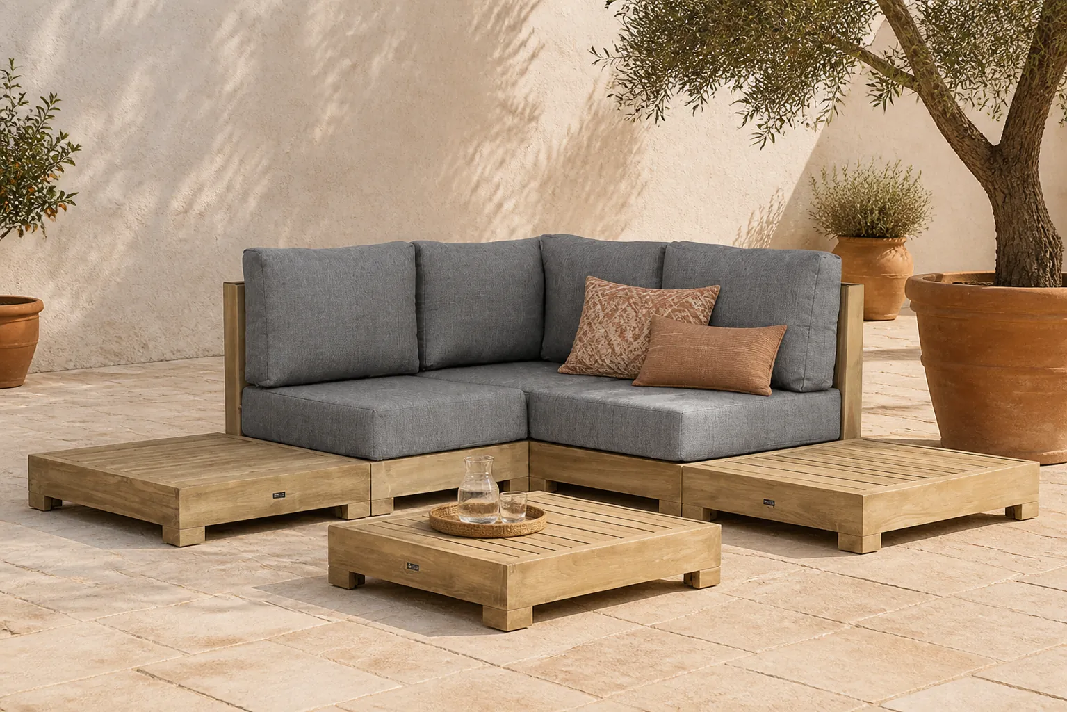 Sfeerfoto van Santika Furniture Levante platform loungeset 6-delig – Old teak greywash