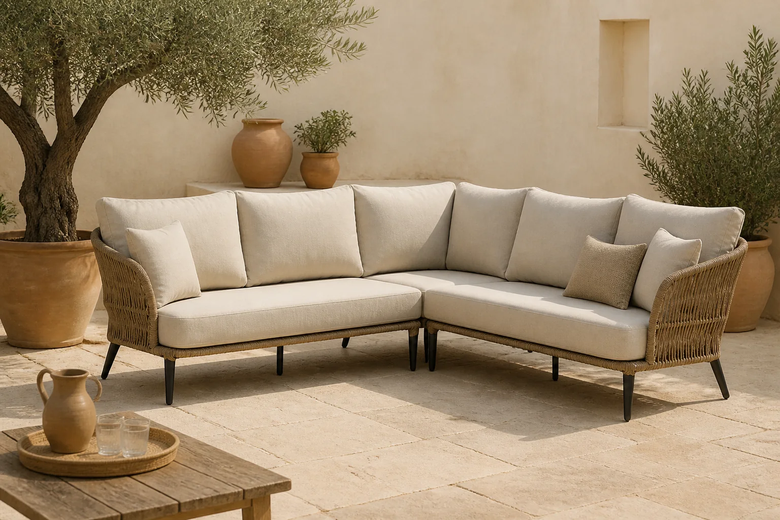 Sfeerfoto van BUITEN living Palermo hoek loungeset 5 personen | aluminium + touw | Sahara Dust | 4-delig 230x230cm