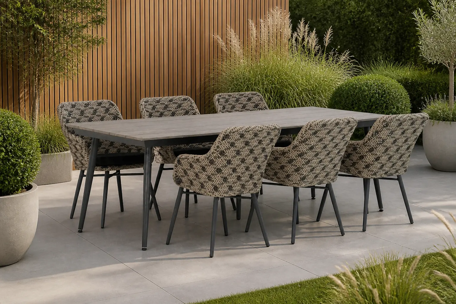 Sfeerfoto van Lifestyle Garden Furniture Crossway/Matale 240 cm dining tuinset 7-delig – Taupe-naturel-bruin