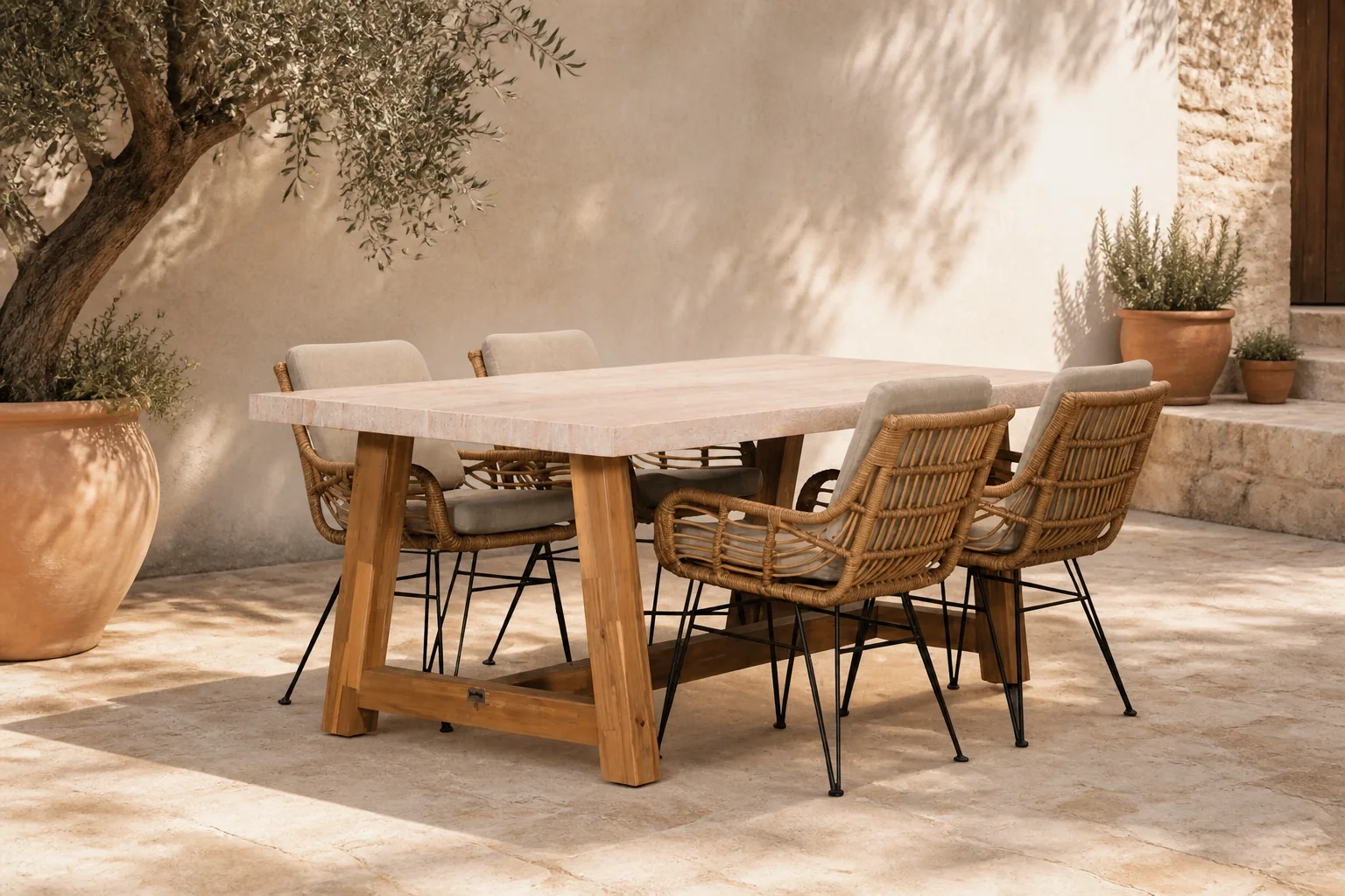 Sfeerfoto van BUITEN living Velora/Carlos taupe dining tuinset | 4 personen | travertin + wicker | 200cm
