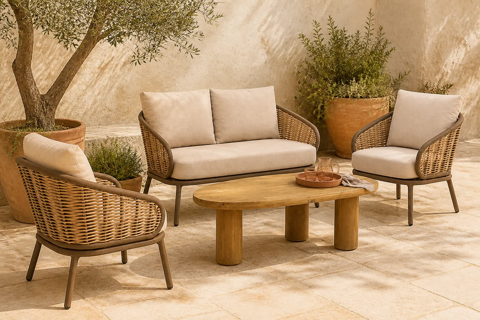 Sfeerfoto van Apple Bee Pine Key/Riah 135 cm stoel-bank loungeset 4-delig – Taupe-naturel-bruin