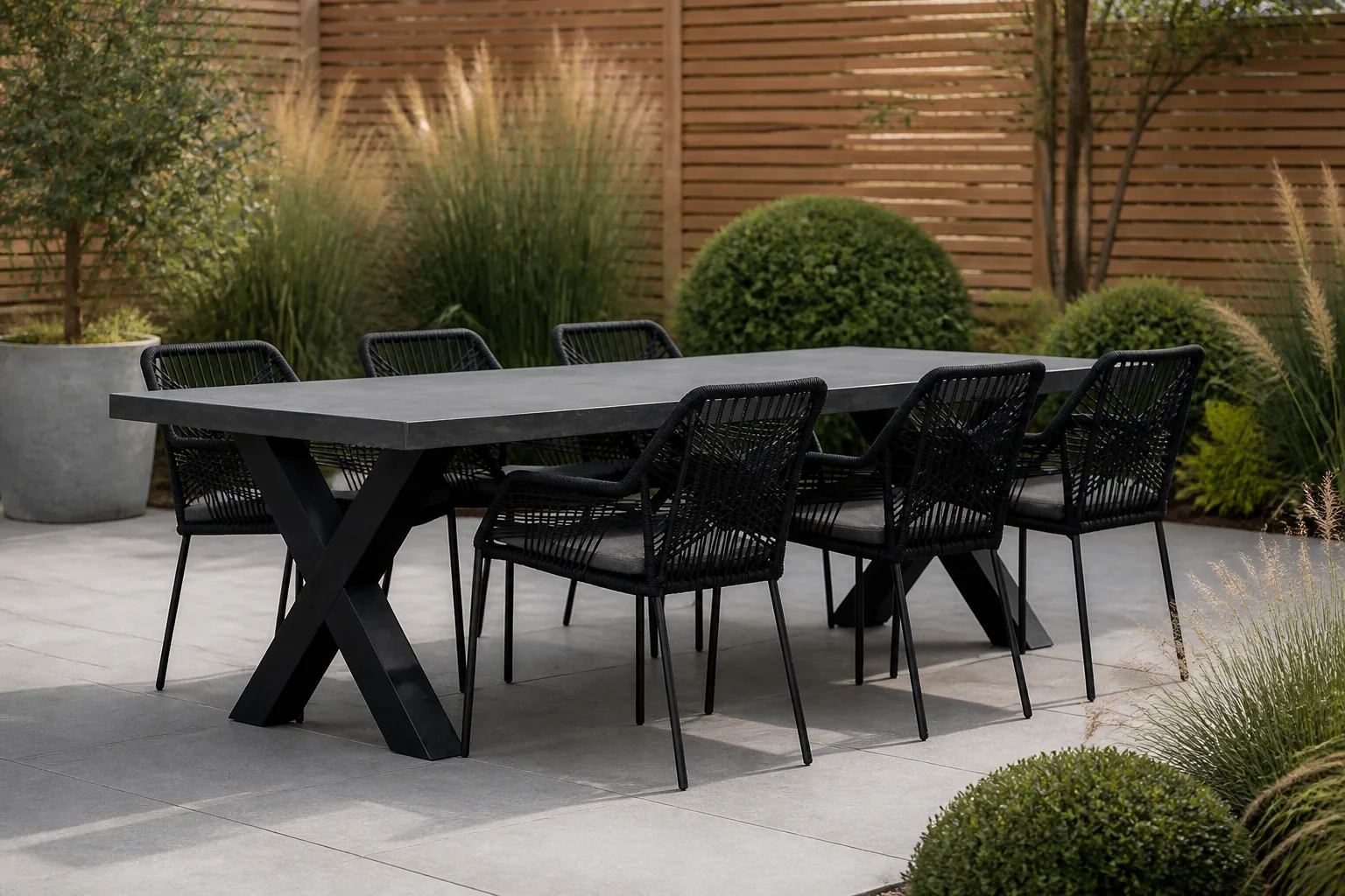 Sfeerfoto van BUITEN living Lyon/Seville zwart dining tuinset | 6 personen | betonlook + touw | 250cm – Grijs