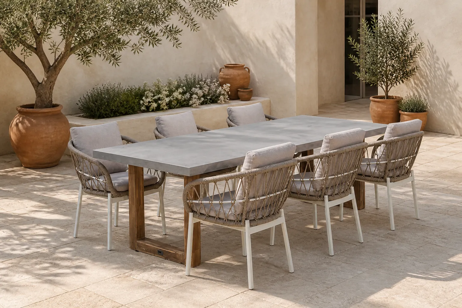 Sfeerfoto van BUITEN living Lausanne/Dakota beige/wit dining tuinset | 6 personen | betonlook + touw | 250cm – Taupe – Naturel – Bruin, Grijs