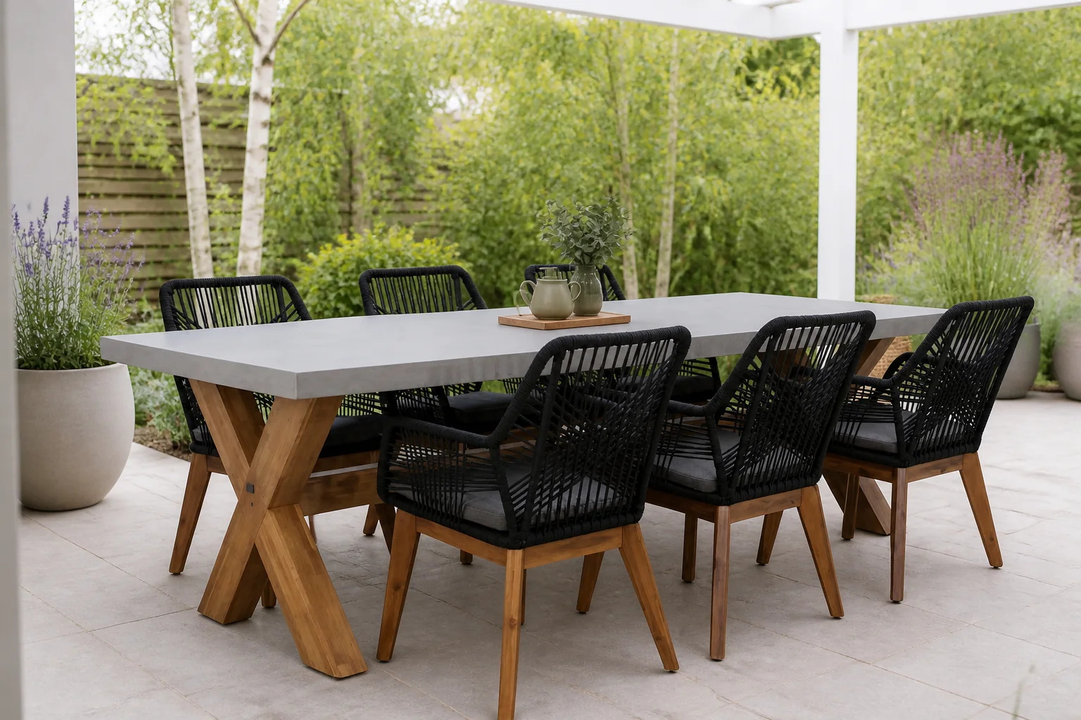 Sfeerfoto van BUITEN living Norwich/Seville hout dining tuinset | 6 personen | betonlook + touw | 250cm