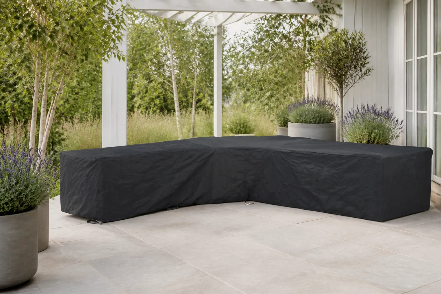 Sfeerfoto van Outdoor Cover loungesethoes L-vorm 270 x 270 x (h) 70 cm – Grijs-antraciet