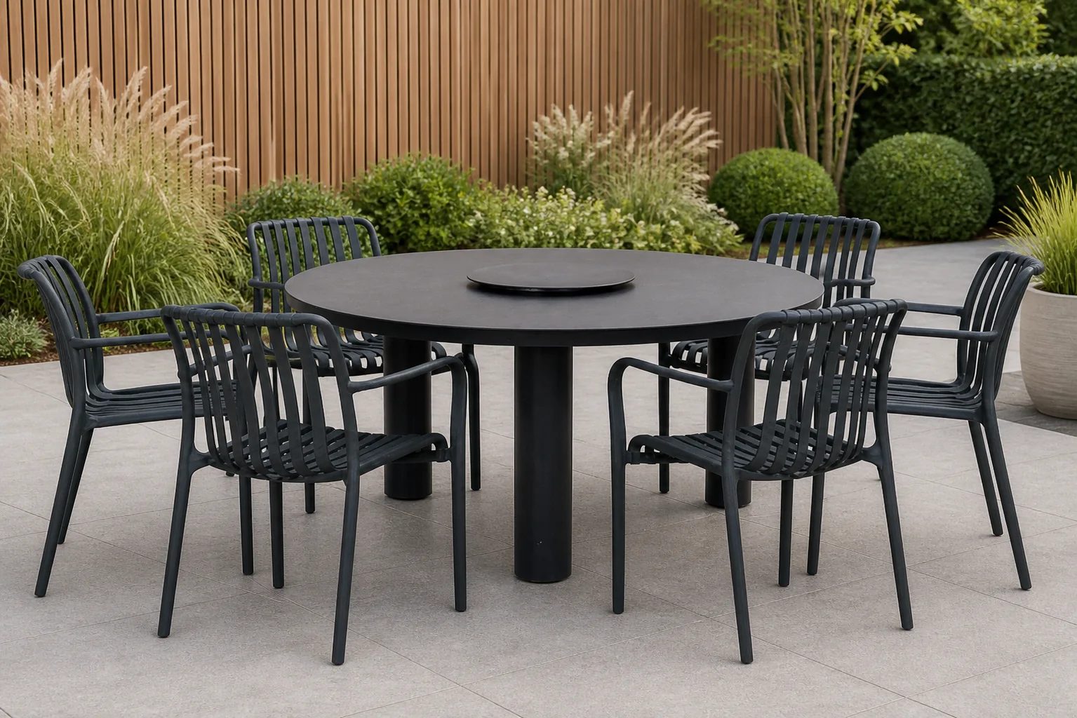 Sfeerfoto van Domani Furniture Alba/Arancia 150 cm dining tuinset 7-delig – Grijs-antraciet