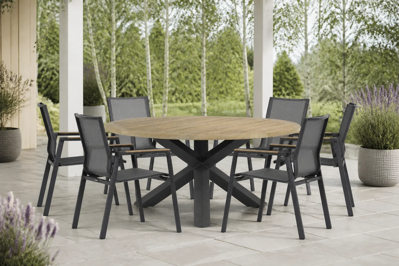 Sfeerfoto van Lifestyle Garden Furniture Fiora/Rockville 160 cm dining tuinset 7-delig – Grijs-antraciet