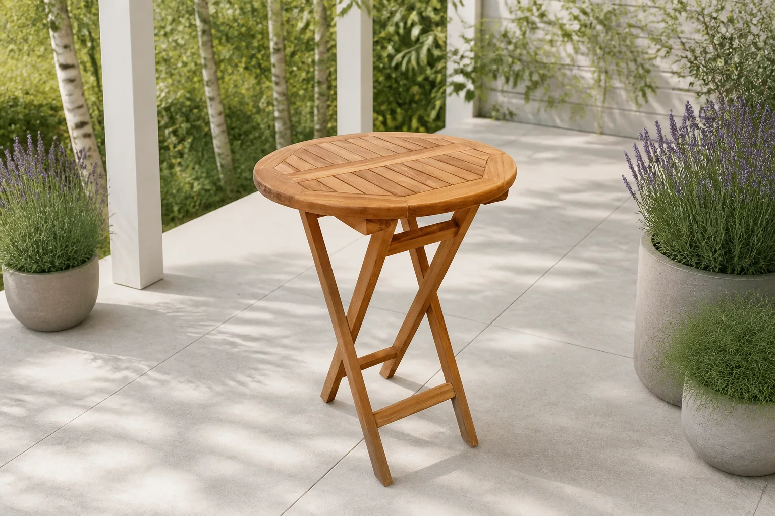 Sfeerfoto van Buitengewoon de boet New Round Klaptafel Teak dia. 60×76 cm – bruin