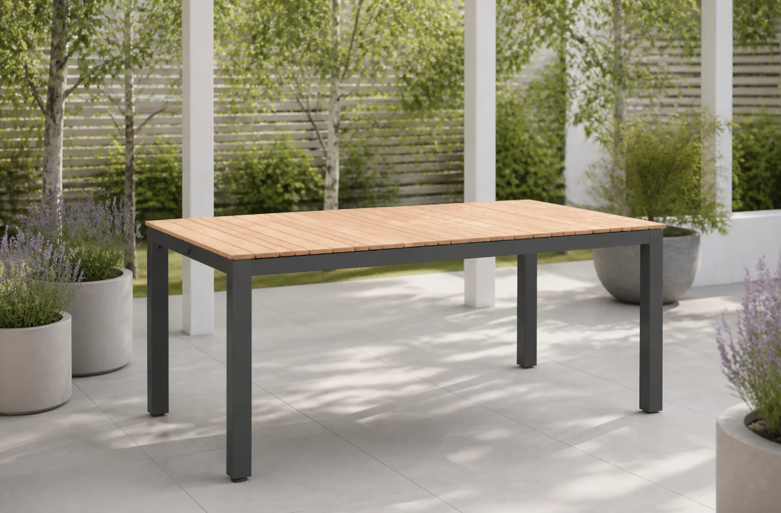 Sfeerfoto van Yoi Arashi dining tafel 169x90cm aluminium dark grey teak – grijs