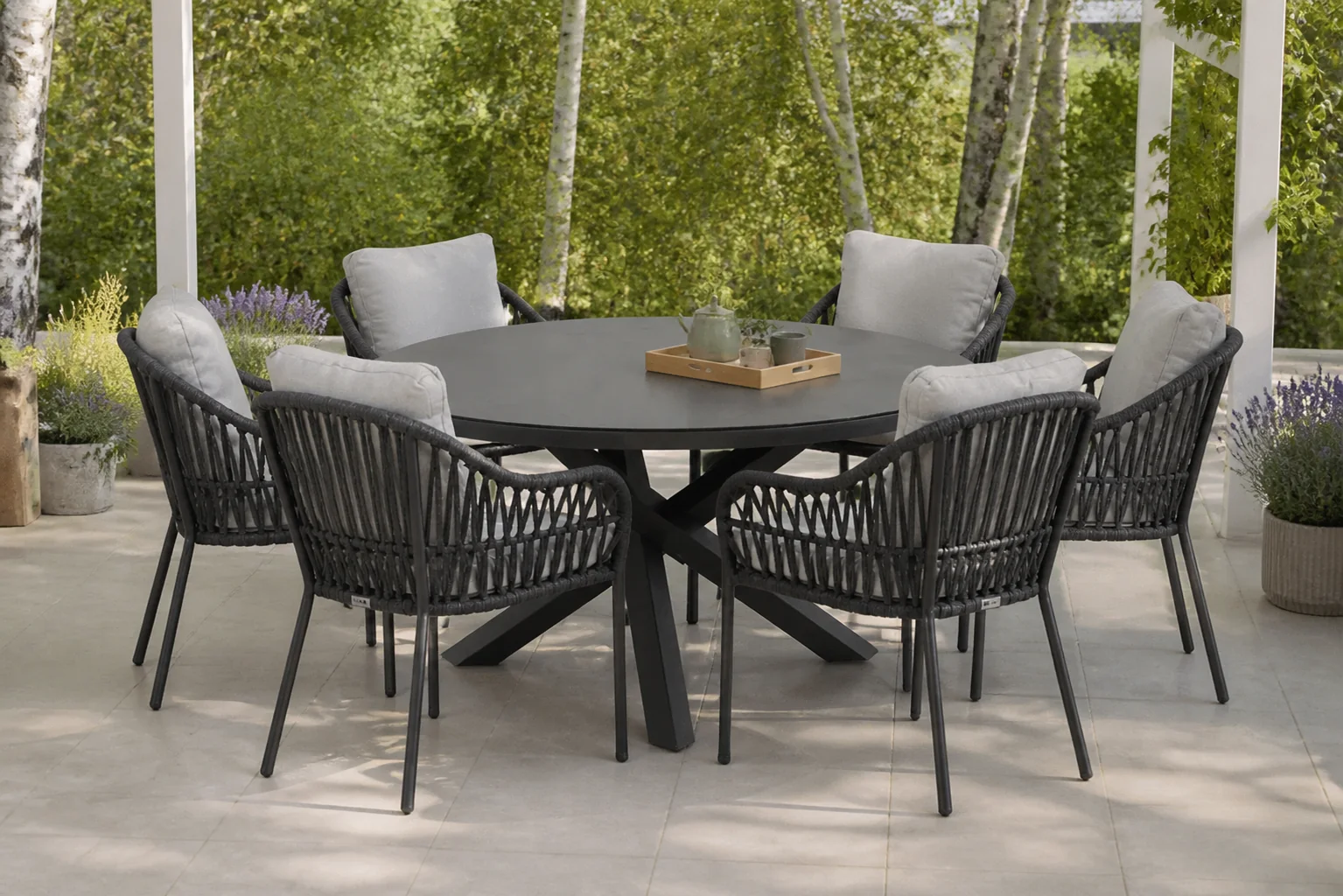 Sfeerfoto van Coco Puerto/Livorno 150 cm dining tuinset 7-delig – Grijs-antraciet
