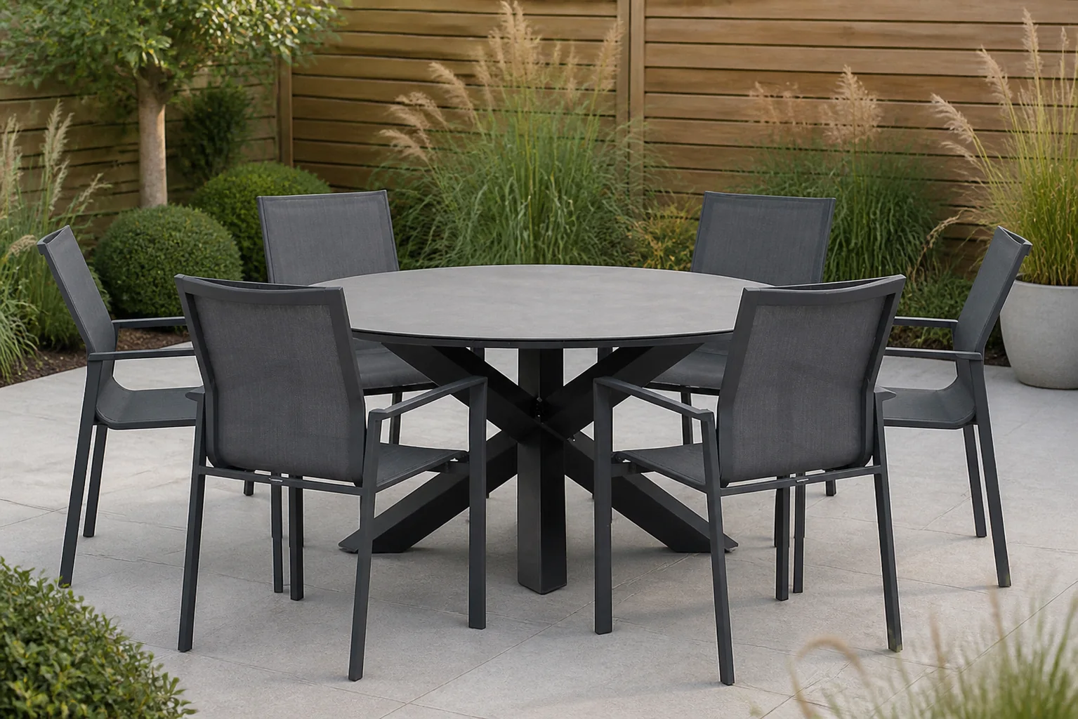 Sfeerfoto van Lifestyle Garden Furniture Timo/Xento 150 cm dining tuinset 7-delig – Grijs-antraciet