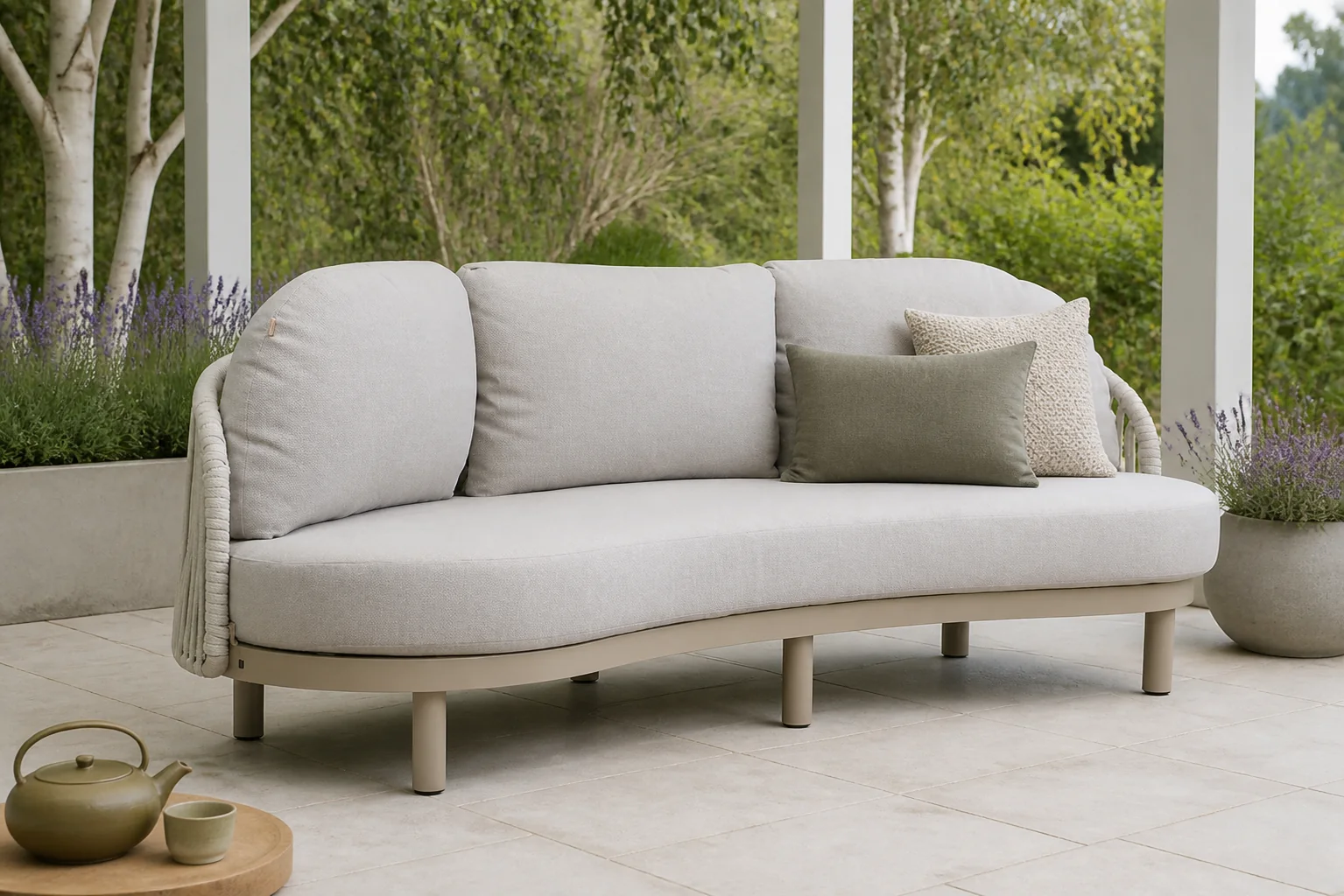 Sfeerfoto van Santika Furniture Nanda lounge tuinbank 3-zits – Taupe-naturel-bruin