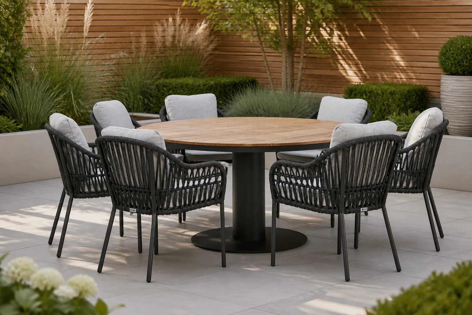 Sfeerfoto van Coco Puerto/Salerno 160 cm dining tuinset 7-delig – Grijs-antraciet