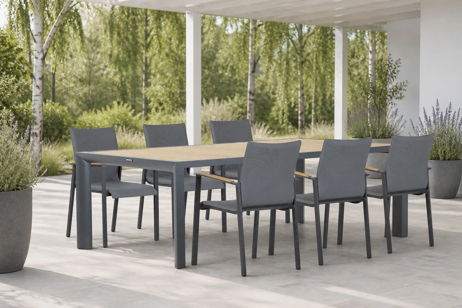 Sfeerfoto van Lifestyle Garden Furniture Brandon/Borello 240 cm dining tuinset 7-delig – Grijs-antraciet