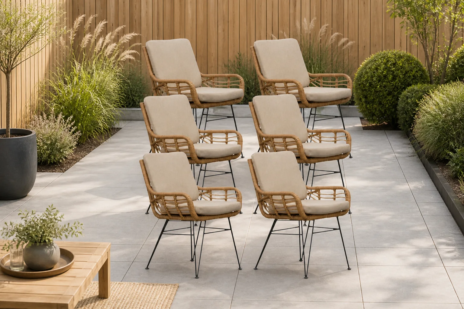 Sfeerfoto van BUITEN living Carlos dining tuinstoel set van 8 | wicker + RVS | Bamboo taupe