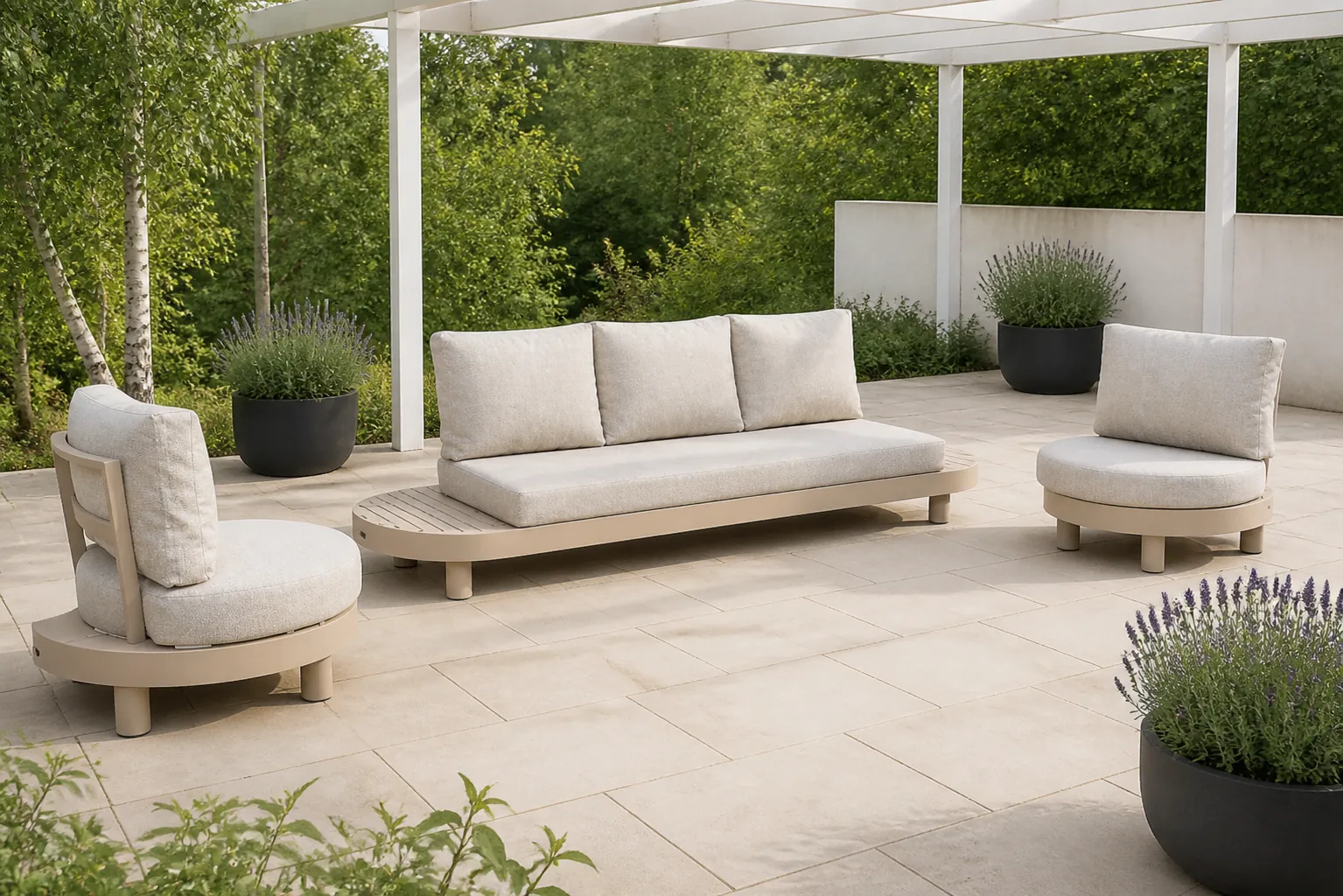 Sfeerfoto van Lifestyle Garden Furniture Organio stoel-bank loungeset 3-delig – Zand/Beige