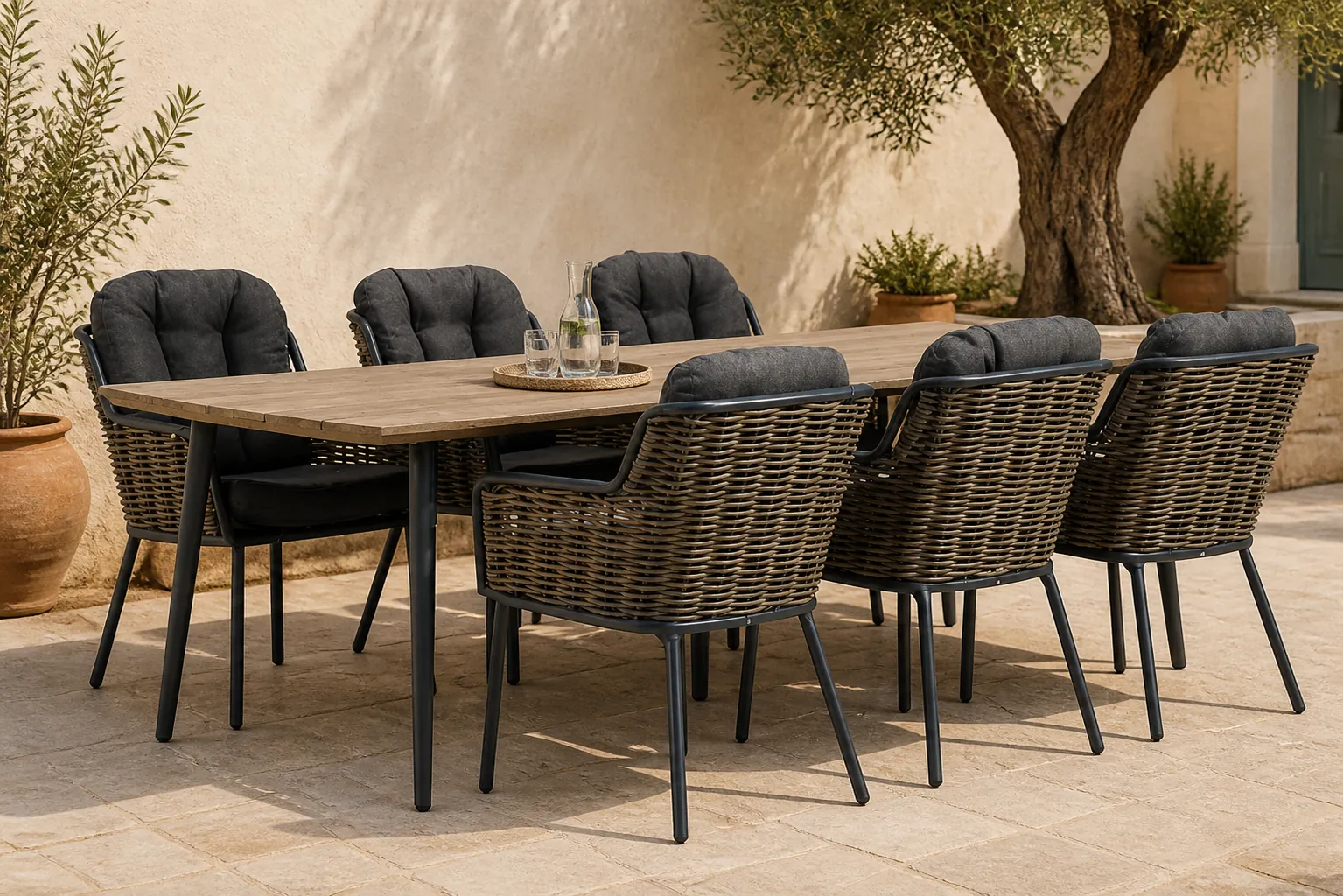 Sfeerfoto van Santika Furniture Fasano/Montana 240 cm dining tuinset 7-delig – Grijs-antraciet
