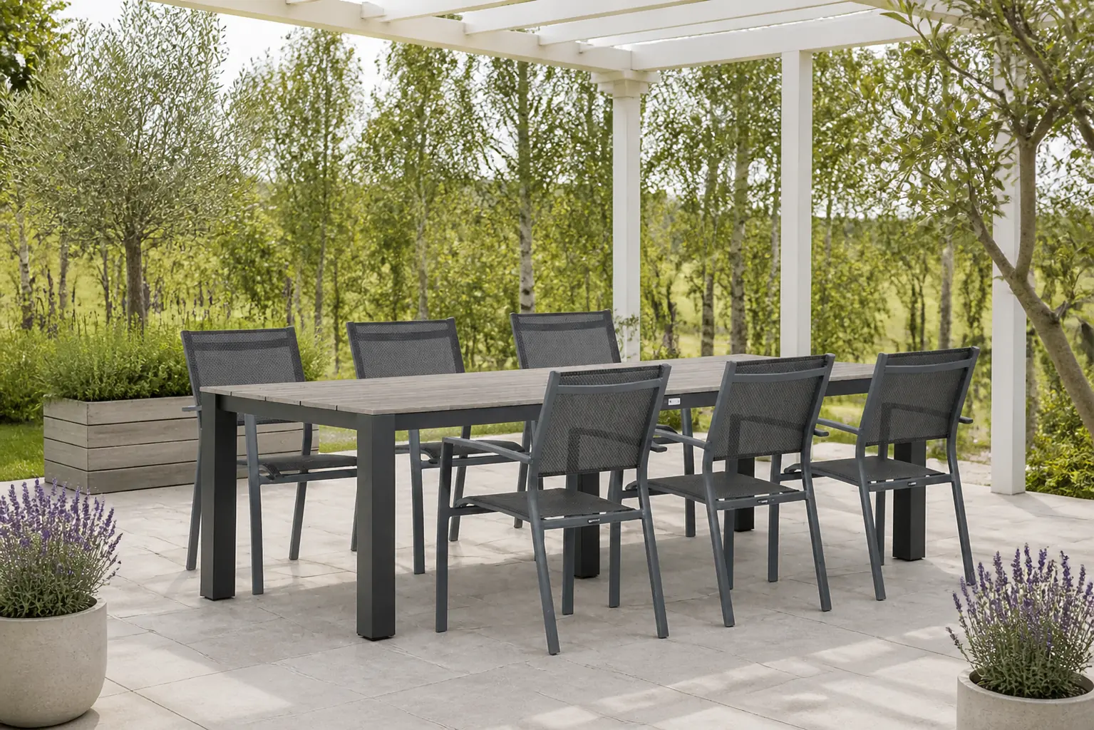 Sfeerfoto van Lifestyle Garden Furniture Sella/Valley 240 cm dining tuinset 7-delig – Grijs-antraciet