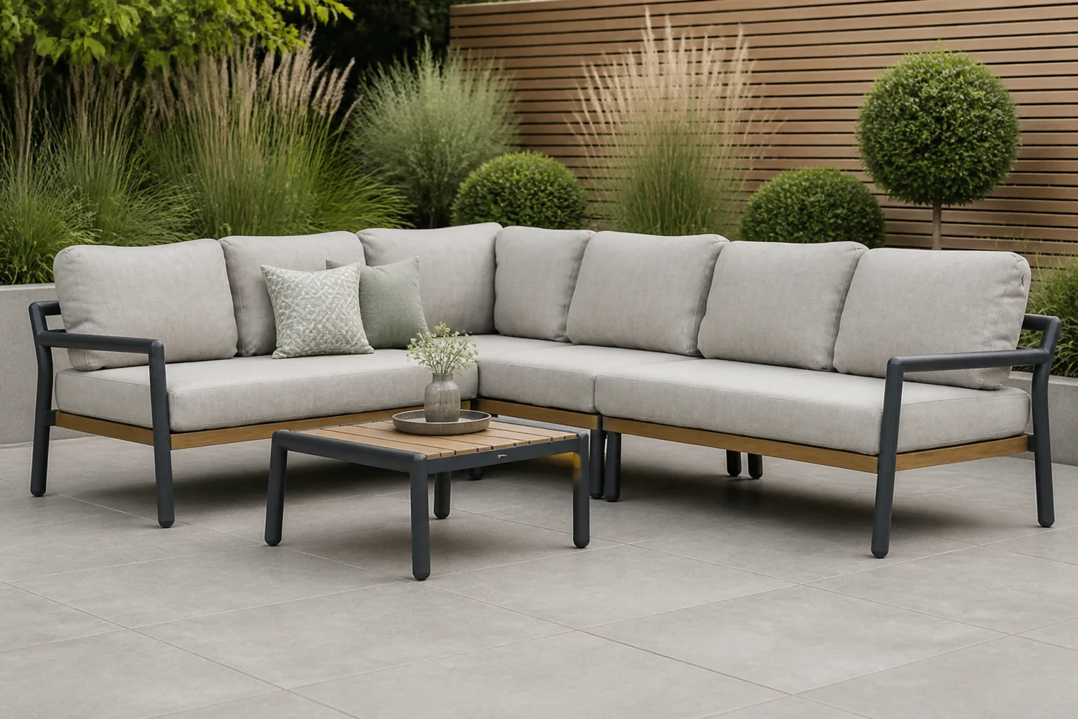 Sfeerfoto van Santika Furniture Aulia hoek loungeset 5-delig – Grijs-antraciet
