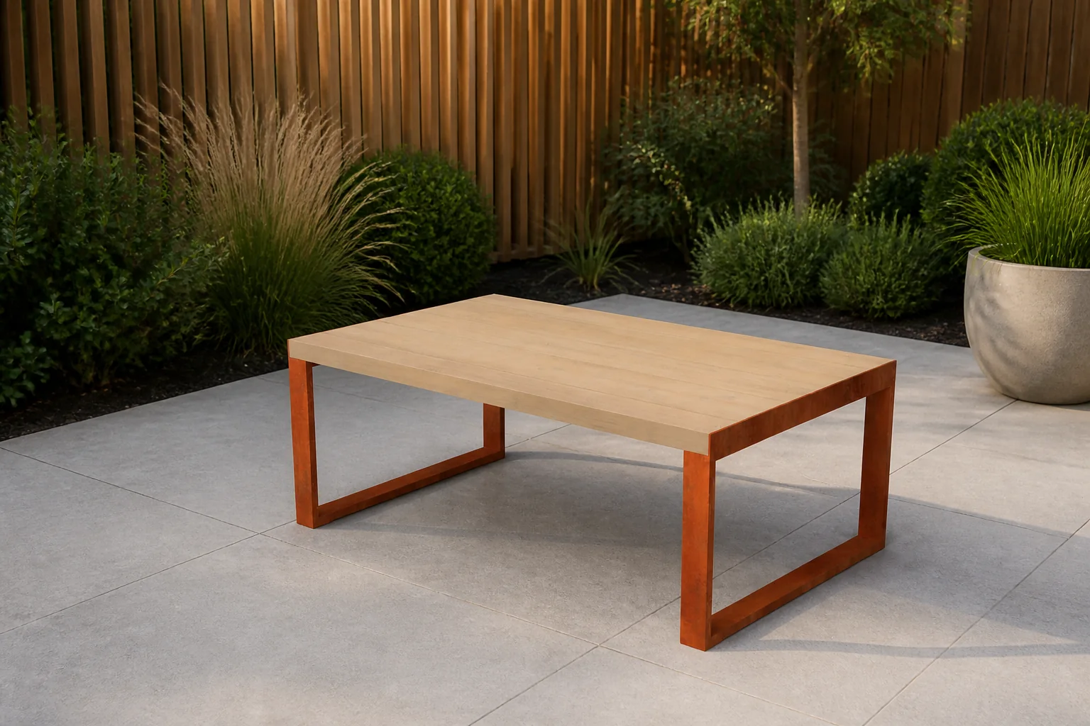 Sfeerfoto van Geroba Bidru bijzettafel cortenstaal met hout 1150x700x450 mm – bruin
