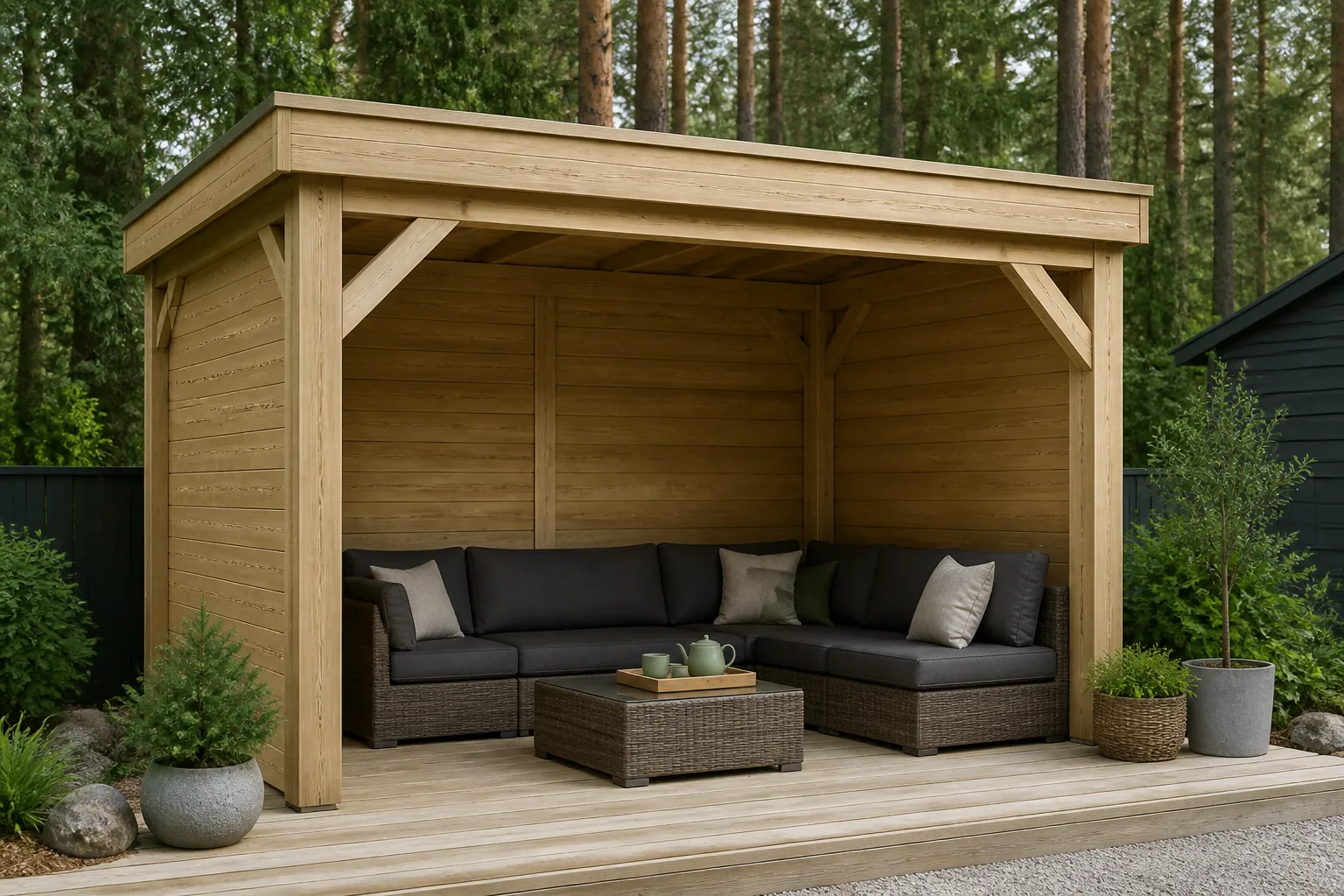 Sfeerfoto van Tuindeco Houten paviljoen – hout