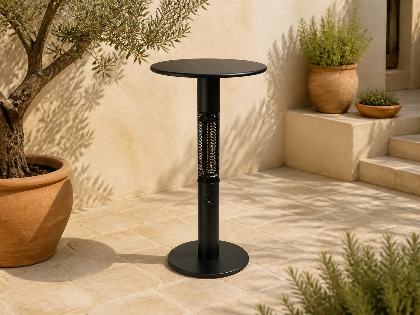 Sfeerfoto van Monti HeatLine + 15% kassakorting | Vibe bartafel met terrasverwarmer 1500W ø60cm (h: 110cm) – Zwart