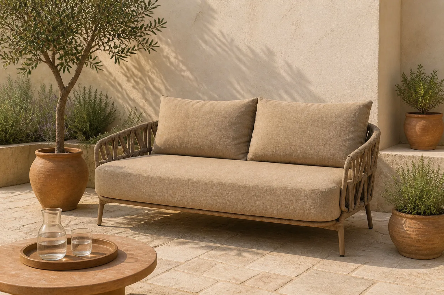 Sfeerfoto van 4 Seasons Outdoor Seasons Biarritz 3 seater bench amber with 3 cushions – Taupe-naturel-bruin