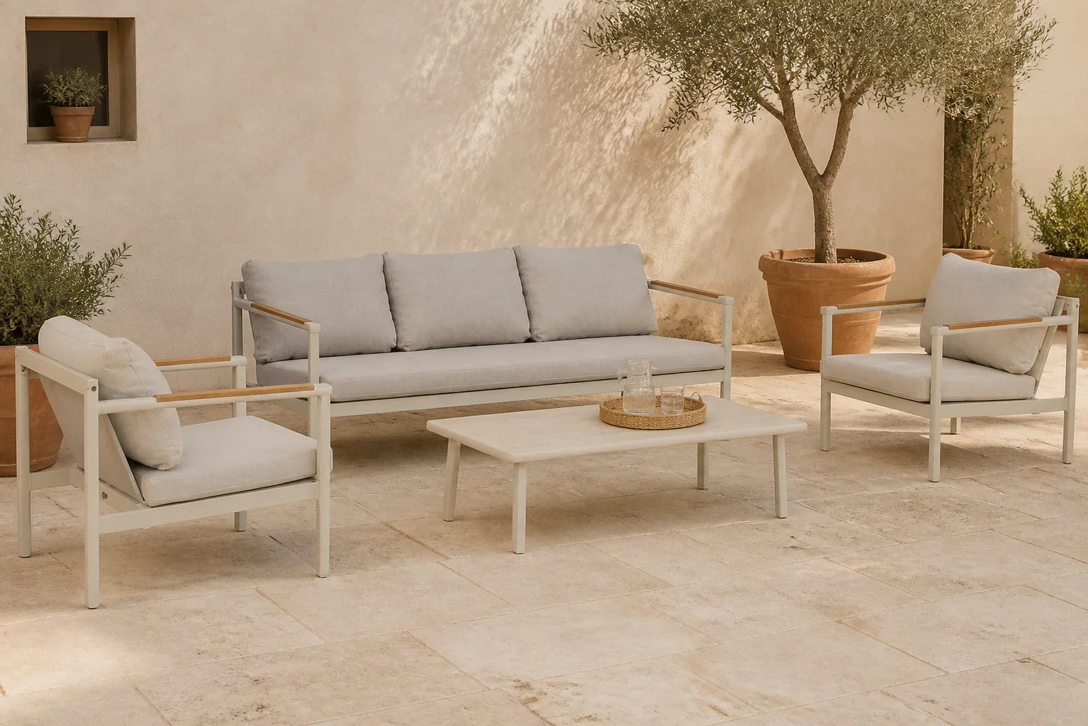 Sfeerfoto van Lifestyle Garden Furniture Norte stoel-bank loungeset 4-delig – Taupe-naturel-bruin