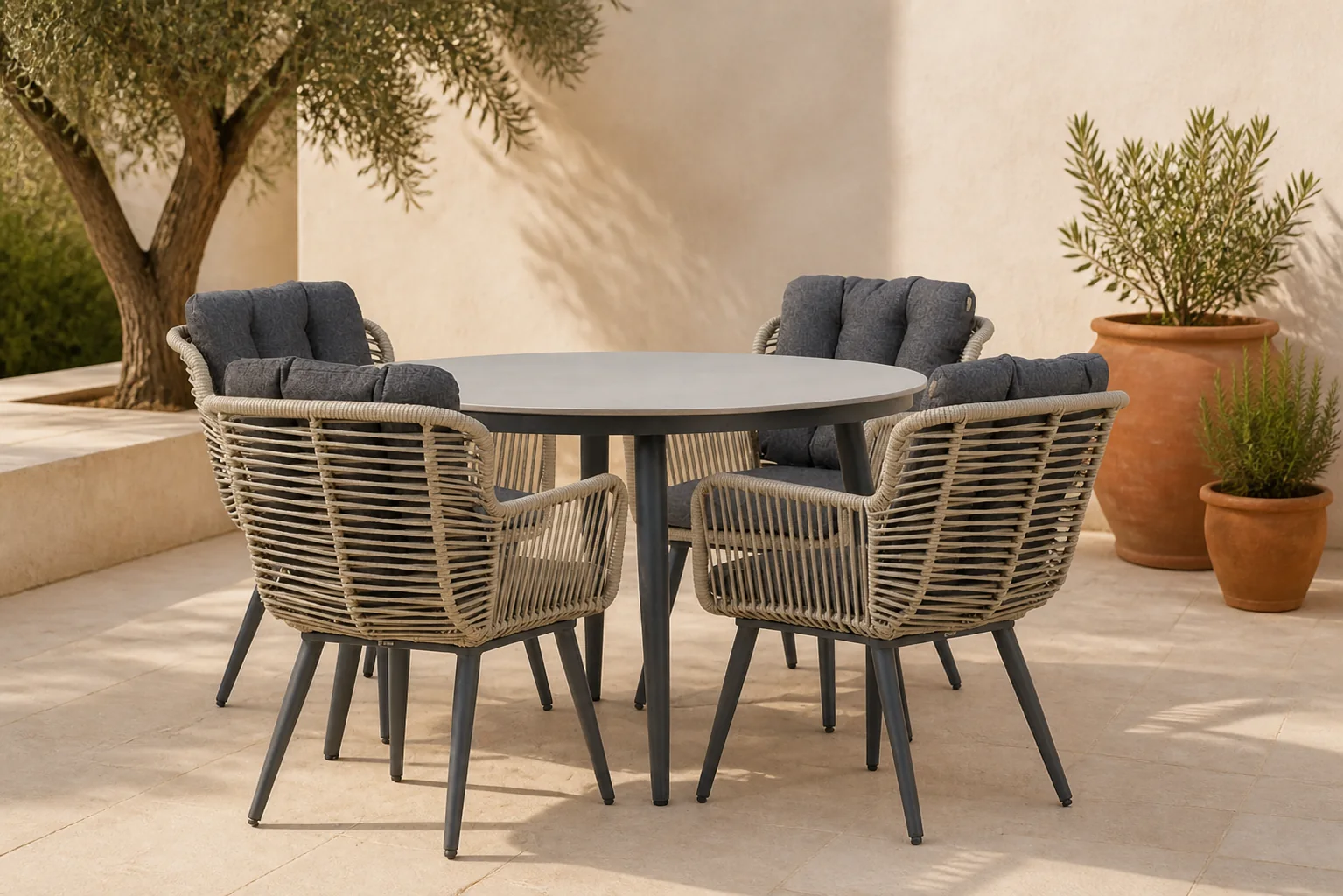 Sfeerfoto van Coco Custa/Vienna 120 cm dining tuinset 5-delig – Taupe-naturel-bruin