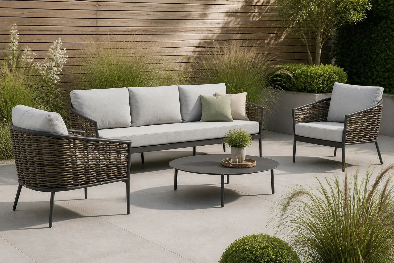 Sfeerfoto van Coco Palm/Pacific 100 cm stoel-bank loungeset 4-delig – Grijs-antraciet
