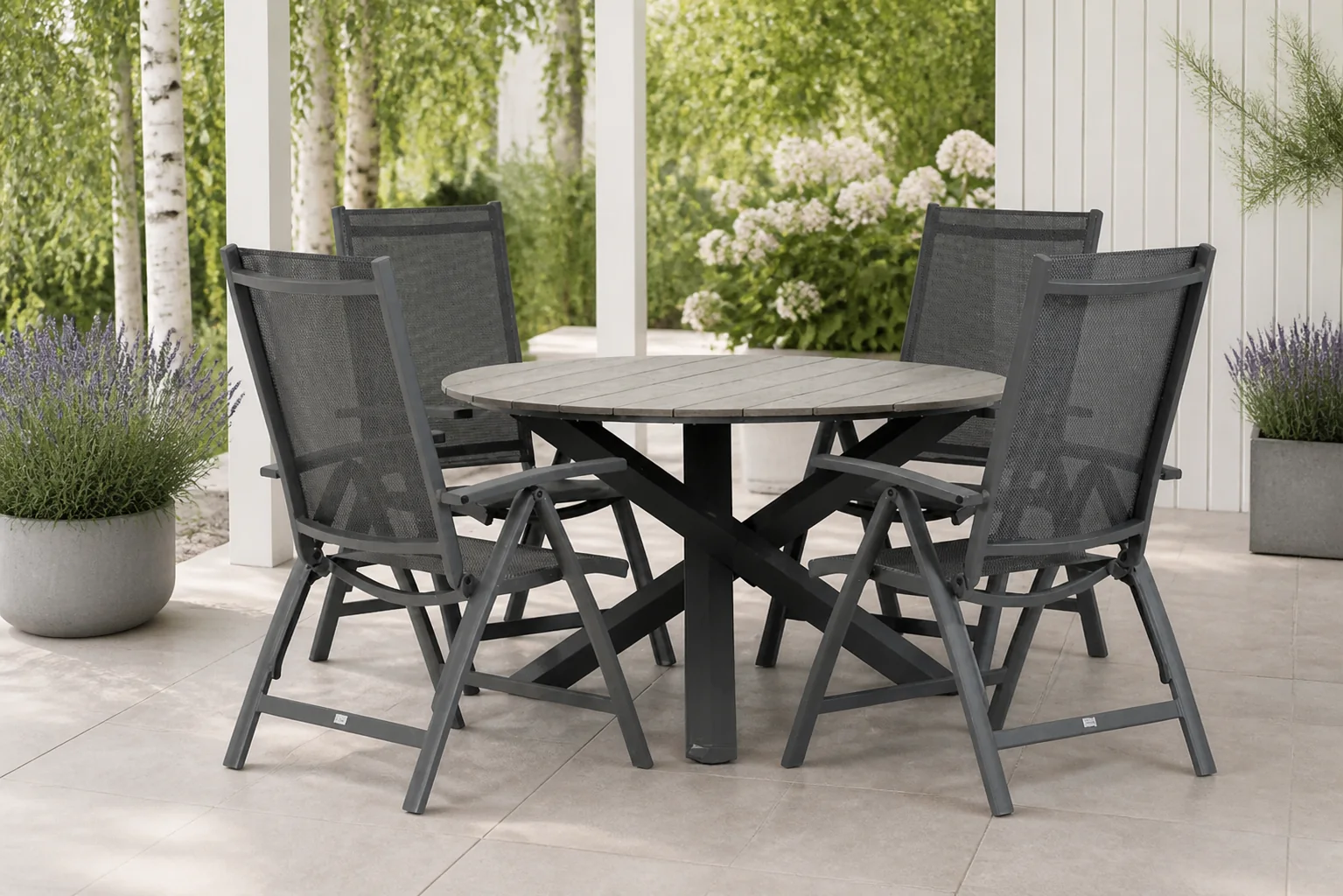 Sfeerfoto van Presto Vasto/Ancona 125 cm rond dining tuinset 5-delig – Grijs-antraciet