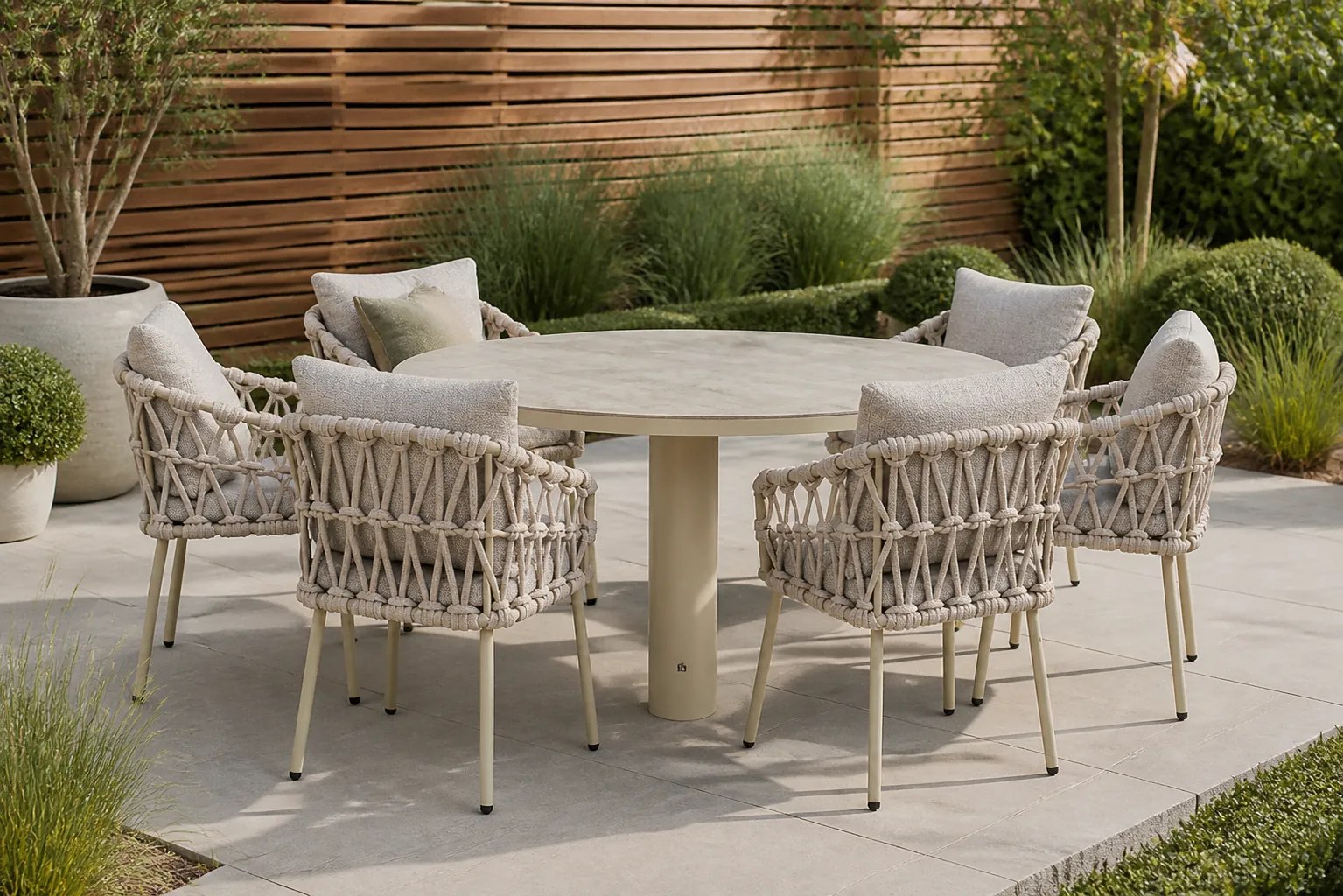 Sfeerfoto van Coco Oliva/Arancia 150 cm dining tuinset 7-delig – Zand/Beige